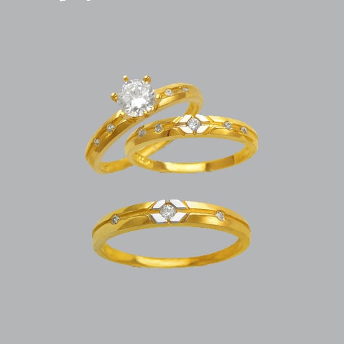 14K TWO TONE GOLD TRIO WEDDING SET CZ RING MENS & LADIE: NEW 14K TWO TONE GOLD WEDDING SET New 14K Two Tone solid gold you will receive, Ladies size 7 and Mens 10 Polished Finish Width: 5mm Wide stone, 3mm Ladies band, 3mm Mens band Apx Weight: 6.2g
