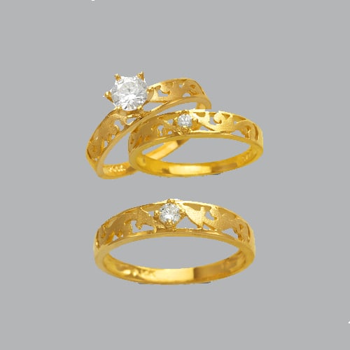 NEW 14K YELLOW GOLD TRIO WEDDING SET CZ RING: NEW 14K YELLOW GOLD WEDDING SET New 14K Yellow solid gold you will receive, Ladies 7, Mens 10) Satin finish Width: 5mm Wide stone, 4mm Ladies band, 5mm Mens band Apx Weight: 6.5g
