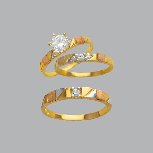 14K TRI COLOR GOLD TRIO WEDDING SET CZ RING: NEW 14K TRI COLOR GOLD WEDDING SET New 14K Tri color solid gold you will receive, Ladies 7, Mens 10) Polished and satin finish You will receive 3 rings Width: 5mm Wide stone, 3mm Ladies band, 3mm Mens