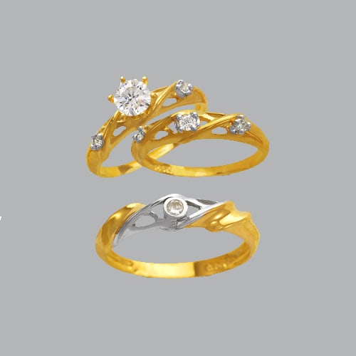 14K TWO TONE GOLD TRIO WEDDING SET CZ RING: NEW 14K TWO TONE GOLD WEDDING SET New 14K Two Tone solid gold you will receive, Ladies 7, Mens 10) Polished Finish Sale is for 3 rings Width: 5mm Wide stone, 4mm Ladies band, 4mm Mens band Apx Weight: