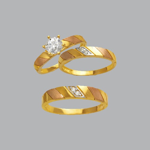 NEW 14K TRI COLOR GOLD TRIO WEDDING SET CZ RING: NEW 14K TRI COLOR GOLD WEDDING SET New 14K Tri color solid gold you will receive, Ladies 7, Mens 10) Polished and satin finish You will receive 3 rings Width: 5mm Wide stone, 3mm Ladies band, 3mm Mens