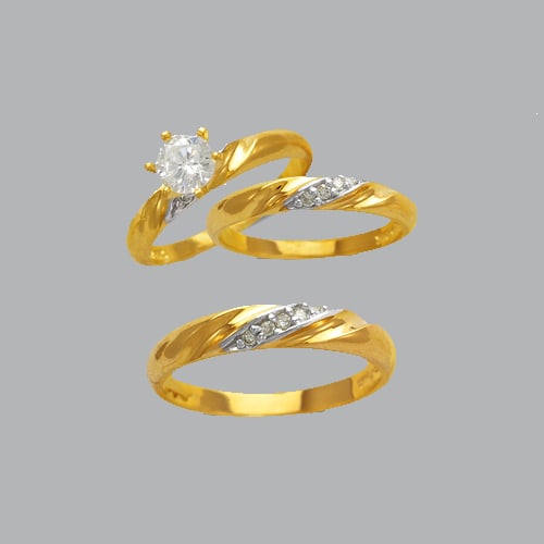 14K TWO TONE GOLD TRIO WEDDING SET CZ RING: NEW 14K TWO TONE GOLD WEDDING SET New 14K Two Tone solid gold you will receive, Ladies 7, Mens 10) Polished Finish Sale is for 3 rings Width: 5mm Wide stone, 3mm Ladies band, 4mm Mens band Apx Weight: