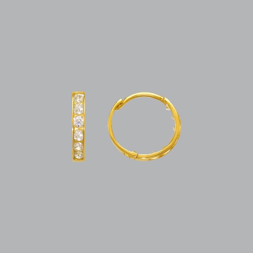 14K YELLOW GOLD LADIES GIRLS ROUND CZ HUGGIE EARRINGS: NEW 14K YELLOW GOLD HUGGIE EARRINGS New 14K Yellow Gold Hoop Earrings Measures: 10mm in Diameter Earrings have a polished finish Set with Cubic Zirconia Snap closure Stamp: 14k Avg Weight: 0.6g
