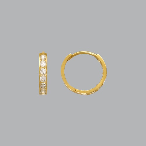 14K YELLOW GOLD LADIES GIRLS ROUND CZ HUGGIE EARRINGS: NEW 14K YELLOW GOLD HUGGIE EARRINGS New 14K Yellow Gold Hoop Earrings Measures: 12mm in Diameter Earrings have a polished finish Set with Cubic Zirconia Snap closure Stamp: 14k Avg Weight: 1g
