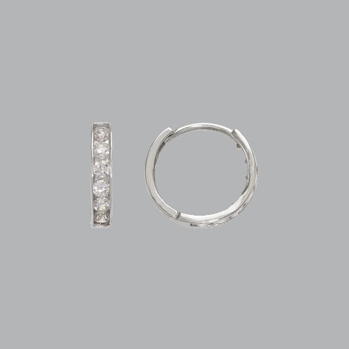14K WHITE GOLD LADIES GIRLS ROUND CZ HUGGIE EARRING: NEW 14K WHITE GOLD HUGGIE EARRINGS New 14K White Gold Hoop Earrings Measures: 12mm in Diameter Earrings have a polished finish Cubic Zirconia Snap closure Stamp: 14k Avg Weight: 1g