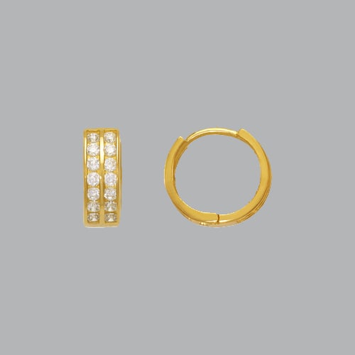 14K YELLOW GOLD LADIES GIRLS ROUND CZ EARRING 2 ROW: NEW 14K YELLOW GOLD HUGGIE EARRINGS New 14K Yellow Gold Hoop Earrings Measures: 10mm in Diameter Earrings have a polished finish Set with Cubic Zirconia Snap closure Stamp: 14k Avg Weight: 1.2g
