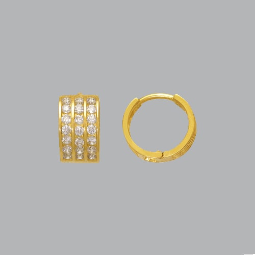 14K YELLOW GOLD LADIES GIRLS ROUND CZ EARRINGS 3 ROW: NEW 14K YELLOW GOLD HUGGIE EARRINGS New 14K Yellow Gold Hoop Earrings Measures: 10mm in Diameter Earrings have a polished finish Set with Cubic Zirconia Snap closure Stamp: 14k Avg Weight: 2g