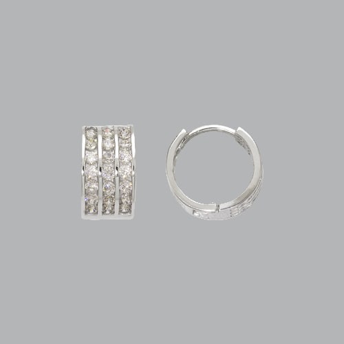 14K WHITE GOLD LADIES GIRLS ROUND CZ EARRING 3 ROW: NEW 14K WHITE GOLD HUGGIE EARRINGS New 14K White Gold Hoop Earrings Measures: 10mm in Diameter Earrings have a polished finish Cubic Zirconia Snap closure Stamp: 14k Avg Weight: 1.8g