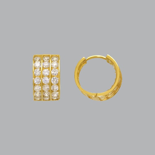 14K YELLOW GOLD LADIES GIRLS ROUND CZ EARRING 3 ROW: NEW 14K YELLOW GOLD HUGGIE EARRINGS New 14K Yellow Gold Hoop Earrings Measures: 12mm in Diameter Earrings have a polished finish Set with Cubic Zirconia Snap closure Stamp: 14k Avg Weight: 2.5g