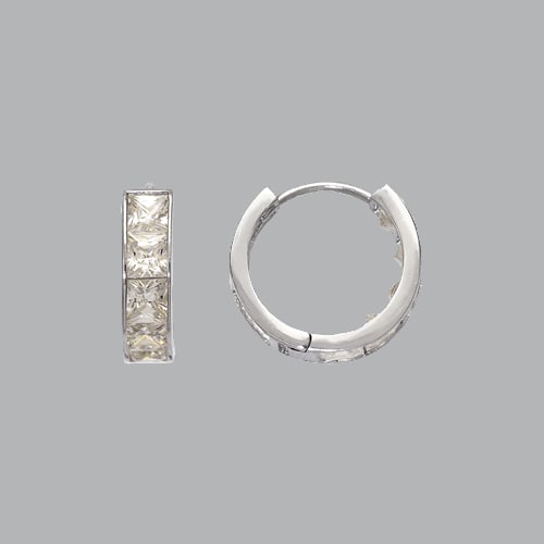 14K WHITE GOLD LADIES GIRLS PRINCESS CUT CZ HUGGIE: NEW 14K WHITE GOLD HUGGIE EARRINGS New 14K White Gold Hoop Earrings Measures: 15mm in Diameter Earrings have a polished finish Cubic Zirconia Snap closure Stamp: 14k Avg Weight: 2.5g