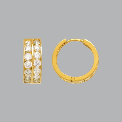 14K YELLOW GOLD LADIES GIRLS 2 ROW CZ HUGGIE HOOP: NEW 14K YELLOW GOLD HUGGIE EARRINGS New 14K Yellow Gold Hoop Earrings Measures: 16mm in Diameter Earrings have a polished finish Cubic Zirconia Snap closure Stamp: 14k Avg Weight: 16mm = 5.1g