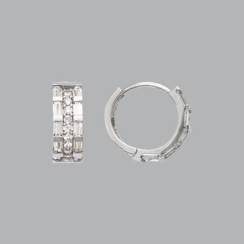 14K WHITE GOLD LADIES GIRLS ROUND BAGUETTE CZ: NEW 14K WHITE GOLD HUGGIE EARRINGS New 14K White Gold Hoop Earrings Measures: 5mm Wide x 14mm in Diameter Earrings have a polished finish Cubic Zirconia Snap closure Stamp: 14k Avg Weight: 2.8g