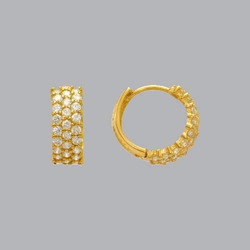 14K YELLOW GOLD LADIES GIRLS CZ EARRINGS 3 ROW 14 MM: NEW 14K YELLOW GOLD HUGGIE EARRINGS New 14K Yellow Gold Hoop Earrings Measures: 5mm Wide x 14mm in Diameter Earrings have a polished finish Set with Cubic Zirconia Snap closure Stamp: 14k Avg Weight: