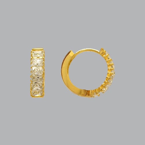 14K YELLOW GOLD LADIES GIRLS CZ EARRINGS EMERALD CUT: NEW 14K YELLOW GOLD HUGGIE EARRINGS New 14K Yellow Gold Hoop Earrings Measures: 4mm Wide x 16mm in Diameter Earrings have a polished finish Set with Cubic Zirconia Snap closure Stamp: 14k Avg Weight: