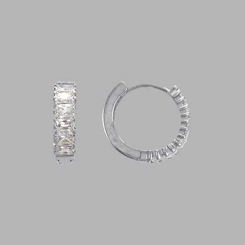 14K WHITE GOLD LADIES GIRLS CZ EARRINGS EMERALD CUT: NEW 14K WHITE GOLD HUGGIE EARRINGS New 14K White Gold Hoop Earrings Measures: 4mm Wide x 16mm in Diameter Earrings have a polished finish Cubic Zirconia Snap closure Stamp: 14k Avg Weight: 3.2g