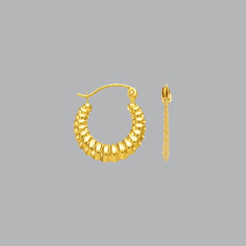 NEW 14K YELLOW GOLD LADIES FANCY HOLLOW SHRIMP EARRINGS: NEW 14K YELLOW GOLD EARRINGS New 14K Yellow Gold Earrings Measures: 14mm in diameter Shrimp Earrings with clasp backing Earrings have a polished finish Stamp: 14k Avg Weight: 0.8g