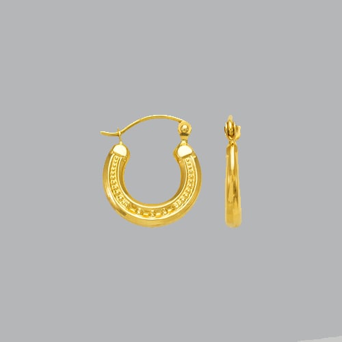 NEW 14K YELLOW GOLD LADIES FANCY HOLLOW SHRIMP EARRINGS: NEW 14K YELLOW GOLD EARRINGS New 14K Yellow Gold Earrings Measures: 13mm in diameter Hollow Shrimp Earrings with clasp backing Earrings have a polished finish Stamp: 14k Avg Weight: 0.8g