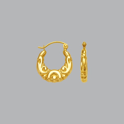 NEW 14K YELLOW GOLD LADIES FANCY HOLLOW SHRIMP EARRINGS: NEW 14K YELLOW GOLD EARRINGS New 14K Yellow Gold Earrings Measures: 15mm in diameter Hollow Shrimp Earrings with clasp backing Earrings have a polished finish Stamp: 14k Avg Weight: 0.8g