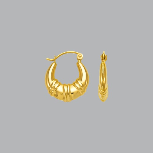 NEW 14K YELLOW GOLD LADIES FANCY HOLLOW SHRIMP HOOP EAR: NEW 14K YELLOW GOLD EARRINGS New 14K Yellow Gold Earrings Measures: 15mm in diameter Hollow Shrimp Earrings with clasp backing Earrings have a polished finish Stamp: 14k Avg Weight: 1.1g