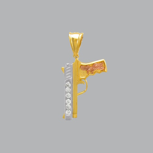 14K TRI COLOR GOLD FANCY HAND GUN CZ PENDANT: NEW 14K TRI COLOR GOLD PENDANT New 14K Tri color Gold Pendant Measures: 37mm Long Handgun pendant Set with CZ Pendant has a polished finish Stamp: 14k Avg Weight: 6.8g No chain Included