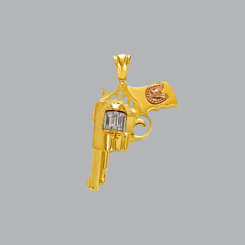 14K TRI COLOR GOLD FANCY REVOLVER HAND GUN CZ PENDANT: NEW 14K TRI COLOR GOLD PENDANT New 14K Tri color Gold Pendant Measures: 26mm Wide x 32mm Long Handgun pendant Set with CZ Pendant has a polished finish Stamp: 14k Avg Weight: 7g No chain Included