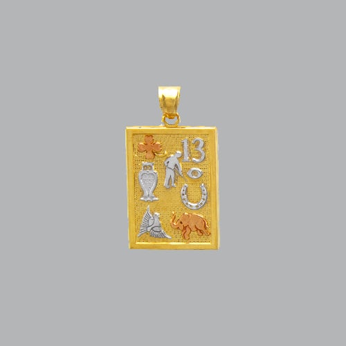 NEW 14K TRI COLOR GOLD FANCY GOODLUCK PENDANT: NEW 14K TRI-COLOR GOLD PENDANT New 14K Tri-color Gold Pendant Measures: 15mm W x 21mm H Goodluck pendant Pendant has a polished finish Stamp: 14k Avg Weight: 2.6g No chain Included