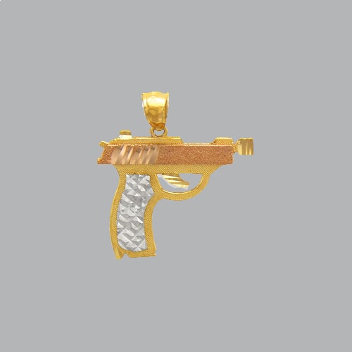 NEW 14K TRI COLOR GOLD FANCY HAND GUN PENDANT: NEW 14K TRI-COLOR GOLD PENDANT New 14K Tri-color Gold Pendant Measures: 28mm W x 23mm H Handgun pendant Pendant has a polished finish Stamp: 14k Avg Weight: 3.1g