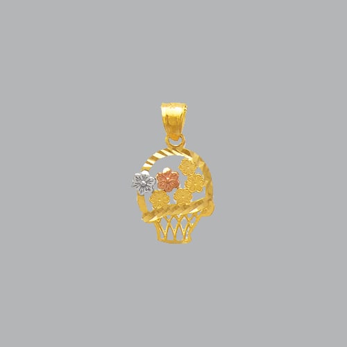 NEW 14K TRI COLOR GOLD FANCY FLOWERS IN A BASKET PENDAN: NEW 14K TRI-COLOR GOLD PENDANT New 14K Tri-color Gold Pendant Measures: 13mm W x 15mm H Flowers in a basket pendant Pendant has a polished finish Stamp: 14k Avg Weight: 1.1g No chain Included