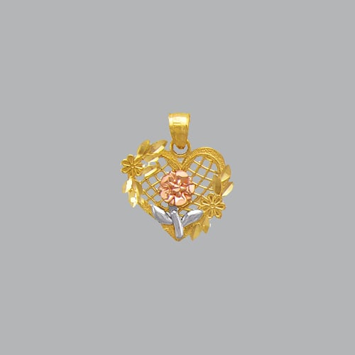 14K TRI COLOR GOLD FANCY FLOWER ROSE HEART PENDANT: NEW 14K TRI-COLOR GOLD PENDANT New 14K Tri-color Gold Pendant Measures: 15mm W x 13mm H Flower rose pendant Pendant has a polished finish Stamp: 14k Avg Weight: 1.1g No chain Included