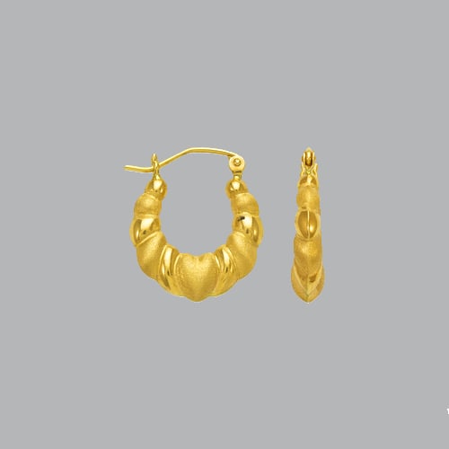 14K YELLOW GOLD LADIES FANCY HOLLOW SHRIMP HOOP EARRING: NEW 14K YELLOW GOLD EARRINGS New 14K Yellow Gold Earrings Measures: 16mm in diameter Hollow Shrimp Earrings with clasp backing Earrings have a polished finish Stamp: 14k Avg Weight: 1.2g