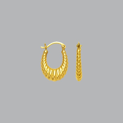 14K YELLOW GOLD LADIES FANCY HOLLOW SHRIMP HOOP EARRING: NEW 14K YELLOW GOLD EARRINGS New 14K Yellow Gold Earrings Measures: 16mm in diameter Hollow Shrimp Earrings with clasp backing Earrings have a polished finish Stamp: 14k Avg Weight: 1.1g