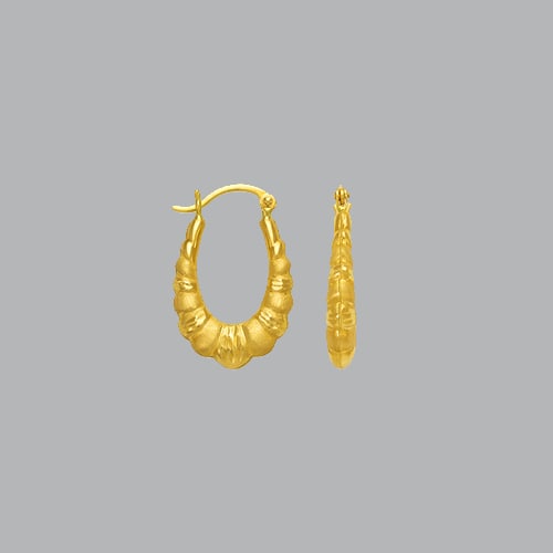 14K YELLOW GOLD LADIES FANCY HOLLOW SHRIMP HOOP EARRING: NEW 14K YELLOW GOLD EARRINGS New 14K Yellow Gold Earrings Measures: 15mm in diameter Hollow Shrimp Earrings with clasp backing Earrings have a polished & satin finish Stamp: 14k Avg Weight: 1.1g