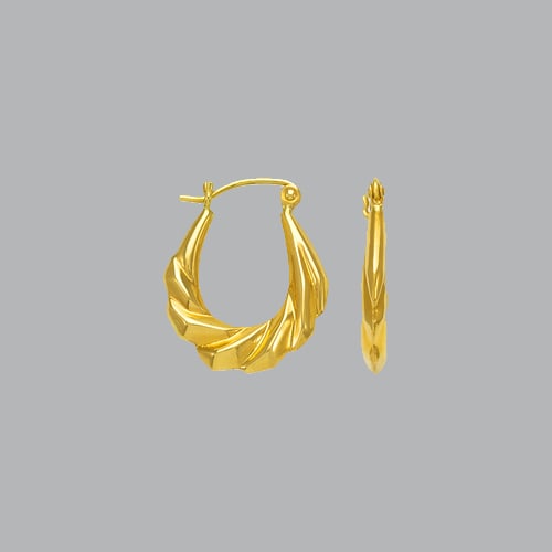14K YELLOW GOLD LADIES FANCY HOLLOW SHRIMP HOOP EARRING: NEW 14K YELLOW GOLD EARRINGS New 14K Yellow Gold Earrings Measures: 17mm in diameter Hollow Shrimp Earrings with clasp backing Earrings have a polished finish Stamp: 14k Avg Weight: 1.2g
