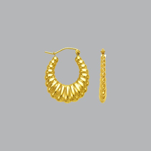 14K YELLOW GOLD LADIES HOLLOW SHRIMP HOOP EARRINGS: NEW 14K YELLOW GOLD EARRINGS New 14K Yellow Gold Earrings Measures: apx 18mm in diameter Hollow Shrimp Earrings with clasp backing Earrings have a polished finish Stamp: 14k Avg Weight: 1.8g