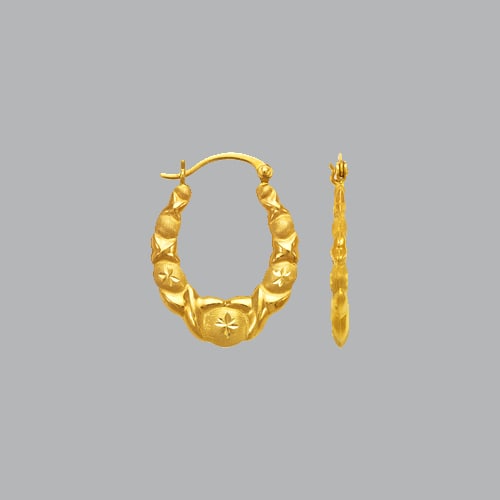 14K YELLOW GOLD LADIES FANCY HOLLOW SHRIMP HOOP EARRING: NEW 14K YELLOW GOLD EARRINGS New 14K Yellow Gold Earrings Measures: apx 20mm in diameter Hollow Shrimp Earrings with clasp backing Earrings have a polished & satin finish Stamp: 14k Avg Weight: 1.7g