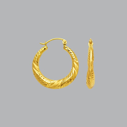 14K YELLOW GOLD LADIES FANCY HOLLOW SHRIMP HOOP EARRING: NEW 14K YELLOW GOLD EARRINGS New 14K Yellow Gold Earrings Measures: apx 21mm in diameter Hollow Shrimp Earrings with clasp backing Earrings have a polished & satin finish Stamp: 14k Avg Weight: 1.4g