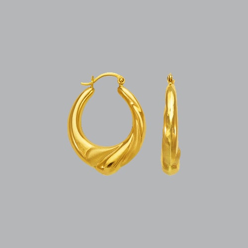 14K YELLOW GOLD LADIES FANCY HOLLOW SHRIMP HOOP EARRING: NEW 14K YELLOW GOLD EARRINGS New 14K Yellow Gold Earrings Measures: apx 22mm in diameter Hollow Shrimp Earrings with clasp backing Earrings have a polished and satin finish Stamp: 14k Avg Weight: 2.5
