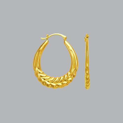 14K YELLOW GOLD FANCY HOLLOW SHRIMP HOOP EARRINGS: NEW 14K YELLOW GOLD EARRINGS New 14K Yellow Gold Earrings Measures: apx 26mm in diameter Hollow Shrimp Earrings with clasp backing Earrings have a polished finish Stamp: 14k Avg Weight: 2.5g