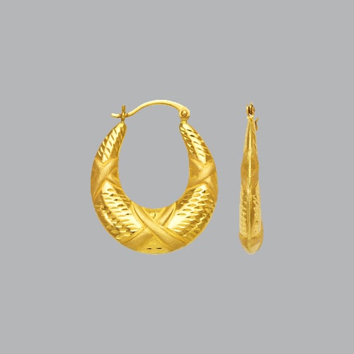 14K YELLOW GOLD FANCY HOLLOW SHRIMP HOOP EARRINGS: NEW 14K YELLOW GOLD EARRINGS New 14K Yellow Gold Earrings Measures: apx 24mm in diameter Hollow Shrimp Earrings with clasp backing Earrings have a polished and satin finish Stamp: 14k Avg Weight: 2.