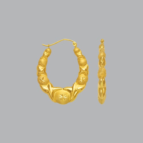 14K YELLOW GOLD LADIES FANCY HOLLOW SHRIMP HOOP EARRING: NEW 14K YELLOW GOLD EARRINGS New 14K Yellow Gold Earrings Measures: apx 26mm in diameter Hollow Shrimp Earrings with clasp backing Earrings have a polished and satin finish Stamp: 14k Avg Weight: 2.4