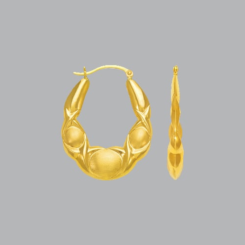14K YELLOW GOLD LADIES FANCY HOLLOW SHRIMP HOOP EARRING: NEW 14K YELLOW GOLD EARRINGS New 14K Yellow Gold Earrings Measures: apx 27mm in diameter Hollow Shrimp Earrings with clasp backing Earrings have a polished and satin finish Stamp: 14k Avg Weight: 3.