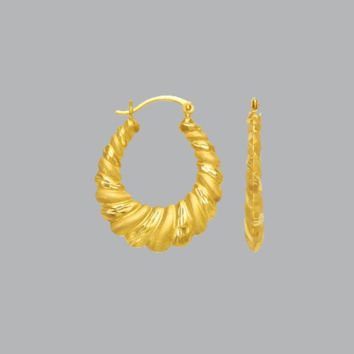 14K YELLOW GOLD FANCY HOLLOW SHRIMP HOOP EARRINGS: NEW 14K YELLOW GOLD EARRINGS New 14K Yellow Gold Earrings Measures: apx 24mm in diameter Hollow Shrimp Earrings with clasp backing Earrings have a polished and satin finish Stamp: 14k Avg Weight: 2.