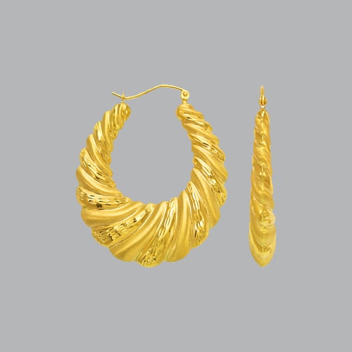 14K YELLOW GOLD LADIES FANCY HOLLOW SHRIMP HOOP EARRING: NEW 14K YELLOW GOLD EARRINGS New 14K Yellow Gold Earrings Measures: apx 33mm in diameter Hollow Shrimp Earrings with clasp backing Earrings have a polished and satin finish Stamp: 14k Avg Weight: 5g