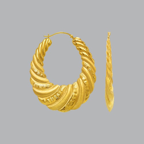 14K YELLOW GOLD LADIES FANCY HOLLOW SHRIMP HOOP EARRING: NEW 14K YELLOW GOLD EARRINGS New 14K Yellow Gold Earrings Measures: apx 45mm in diameter Hollow Shrimp Earrings with clasp backing Earrings have a polished and satin finish Stamp: 14k Avg Weight: 8.