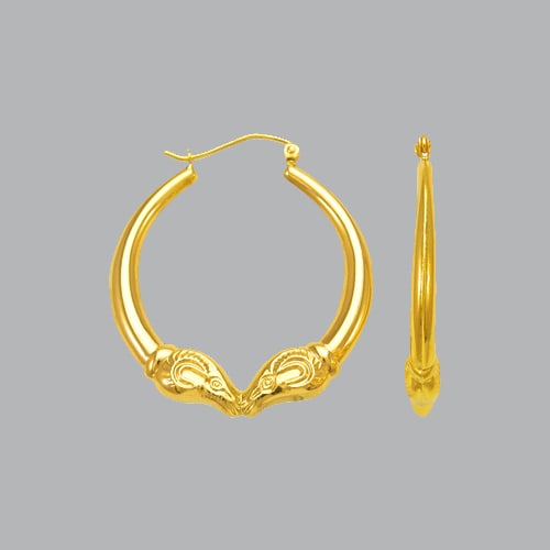 14K YELLOW GOLD LADIES HOLLOW SHRIMP HOOP EARRINGS RAM: NEW 14K YELLOW GOLD RAM EARRINGS New 14K Yellow Gold Earrings Measures: 21mm in diameter Hollow Shrimp Earrings with clasp backing Earrings have a polished finish Stamp: 14k 21mm - 1.6g