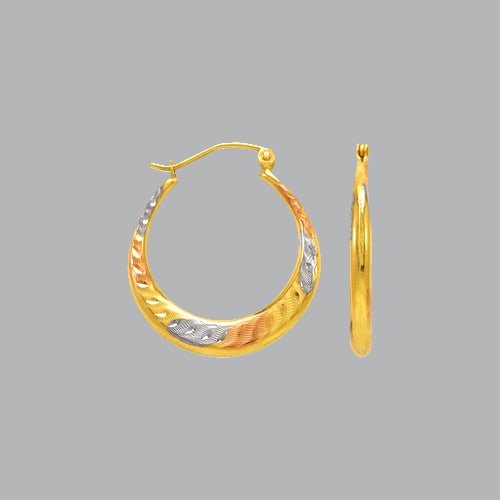 14K TRI COLOR GOLD FANCY HOLLOW SHRIMP HOOP EARRINGS: NEW 14K TRI COLOR GOLD EARRINGS New 14K Tri-color Gold Earrings Measures: 4mm Wide x 23mm in diameter Hollow Shrimp Earrings with clasp backing Earrings have a polished and satin finish Stamp: 14k Avg