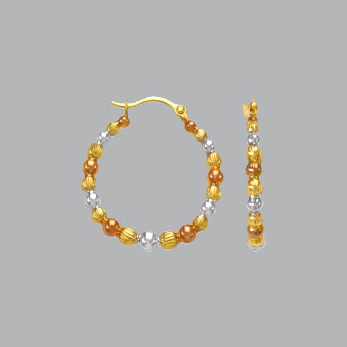 14K TRI COLOR GOLD SHRIMP HOOP EARRINGS LIGHT: NEW 14K TRI COLOR GOLD EARRINGS New 14K Tri-color Gold Earrings Measures: 16mm in diameter Hollow Earrings with clasp backing Earrings have a polished finish Stamp: 14k 0.5g