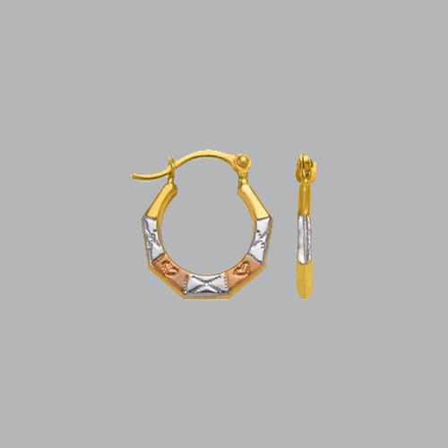 14K YELLOW GOLD HOLLOW SHRIMP HOOP EARRINGS LIGHT: NEW 14K TRI COLOR GOLD EARRINGS New 14K Tri-color Gold Earrings Measures: 10mm in diameter Hollow Shrimp Earrings with clasp backing Earrings have a polished finish Stamp: 14k Avg Weight: 0.4g