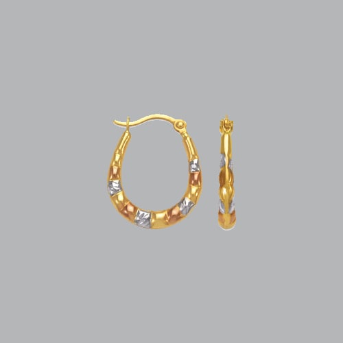 14K TRI COLOR GOLD FANCY HOLLOW SHRIMP HOOP EARRINGS: NEW 14K TRI COLOR GOLD EARRINGS New 14K Tri-color Gold Earrings Measures: 14mm in diameter Hollow Shrimp Earrings with clasp backing Earrings have a polished finish Super Light Stamp: 14k Avg Weight: