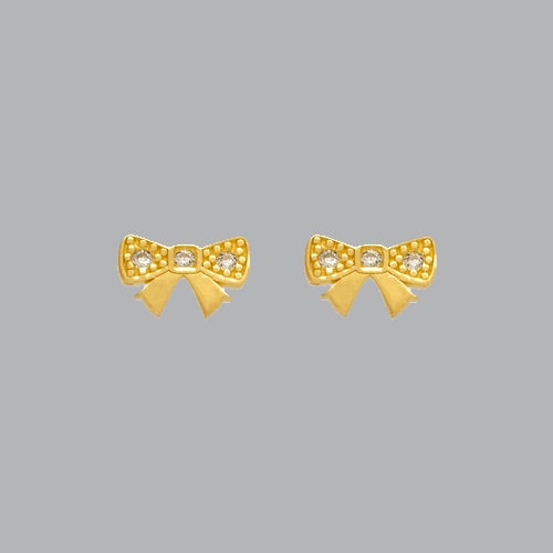 14K YELLOW GOLD LADIES STUD CZ EARRINGS SCREW BACK BOW (1 of 2)